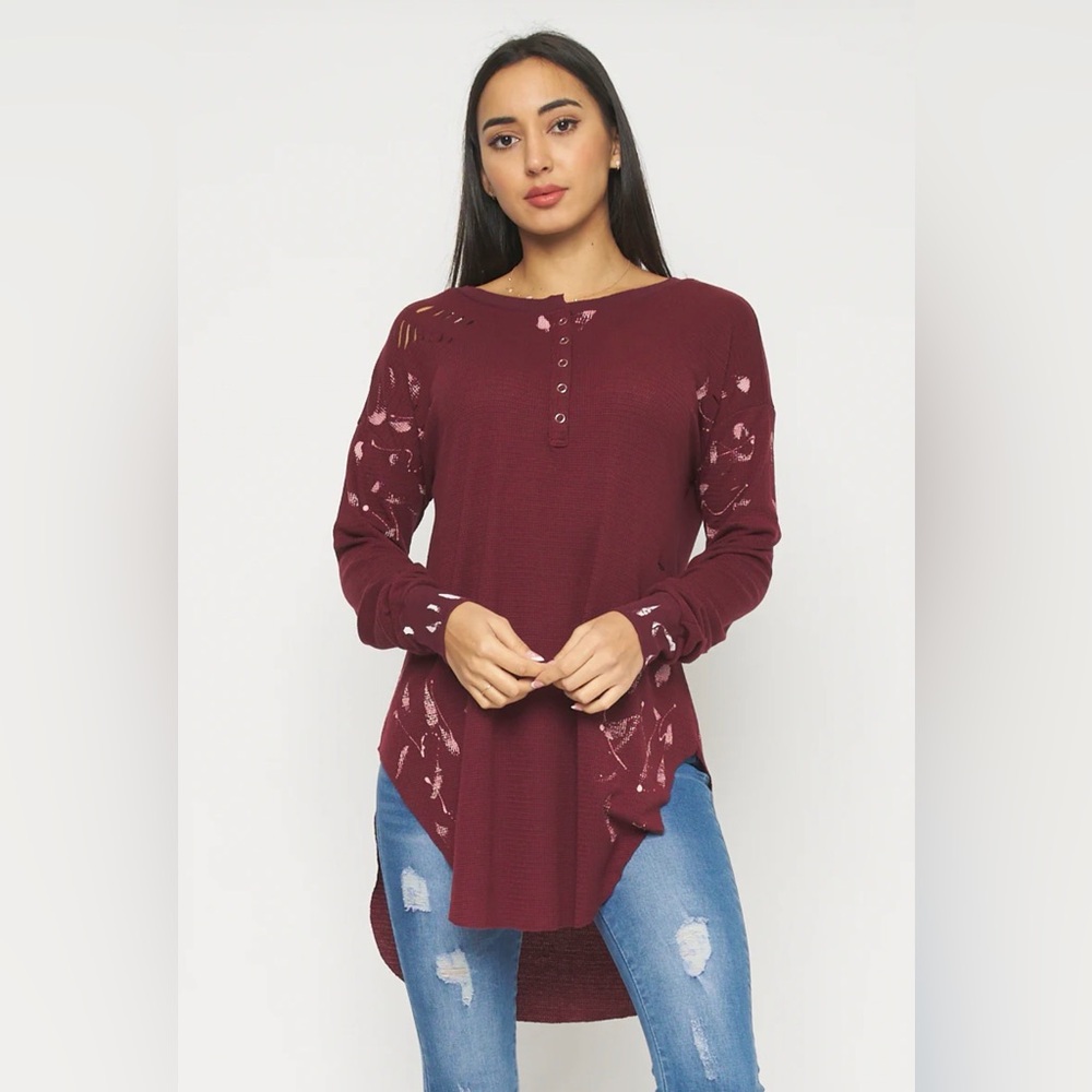 Long sleeve Destroyed Knit Top-Burgundy - Picture 1 of 9